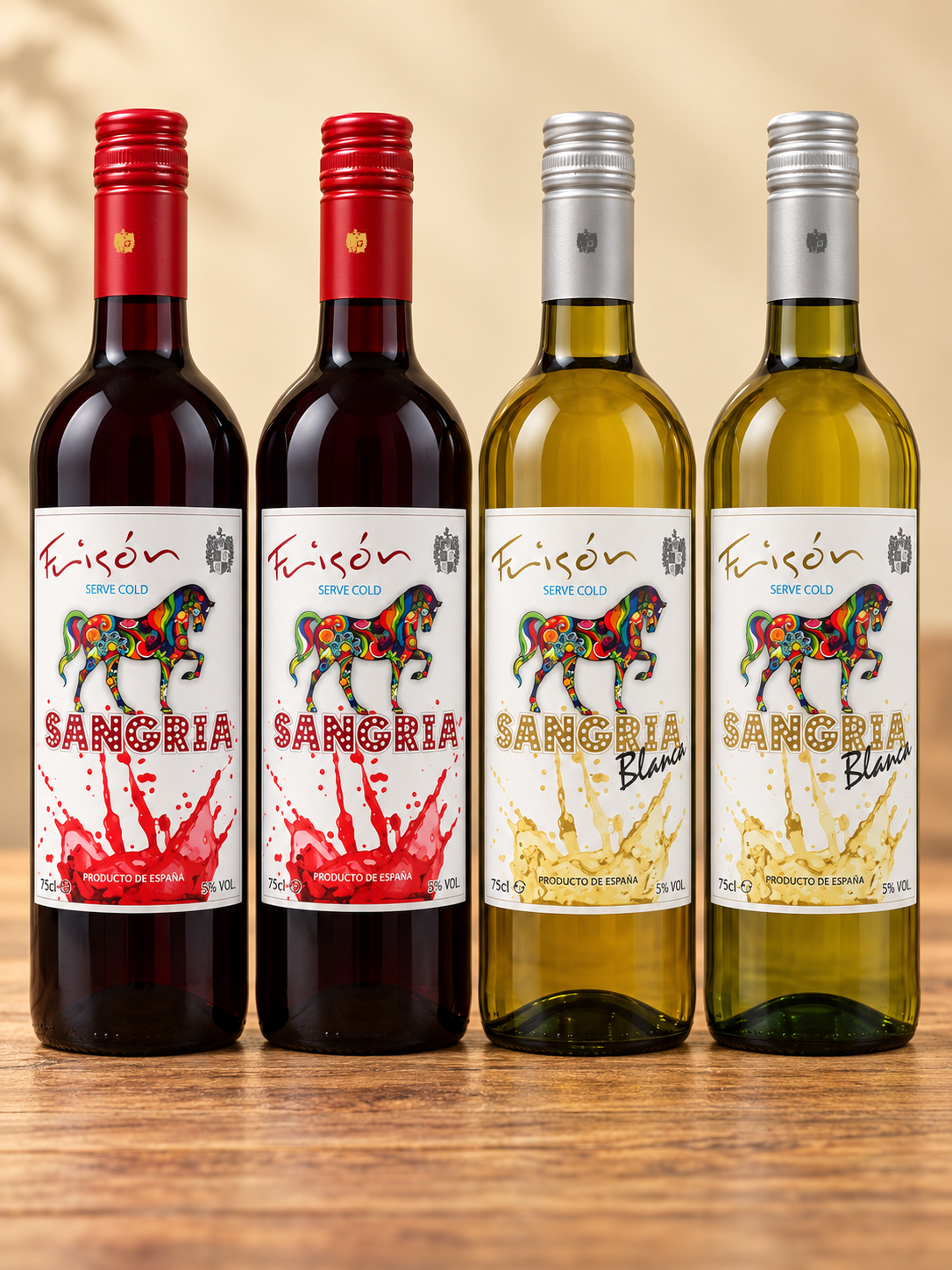 Frisón red and white sangria bottles